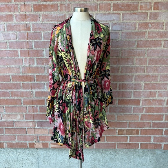 Kimono Loco Tops - Kimono Loco Floral Paisley Open Front Boho Tie Waist Robe Tunic L/XL Multi Color